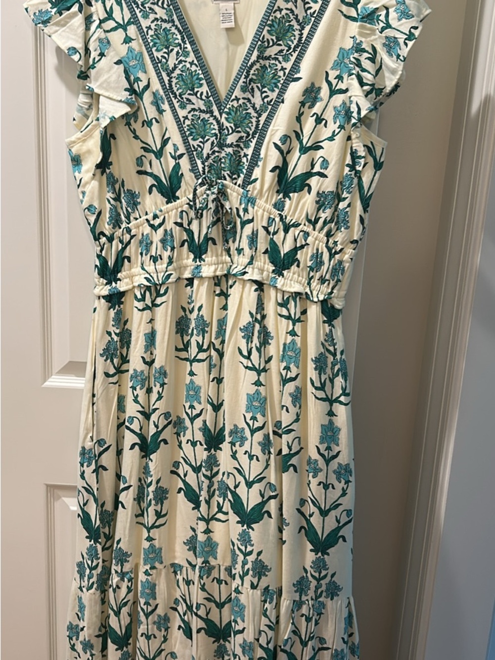 Cream & Teal Floral V-Neck Tiered Midi Dress